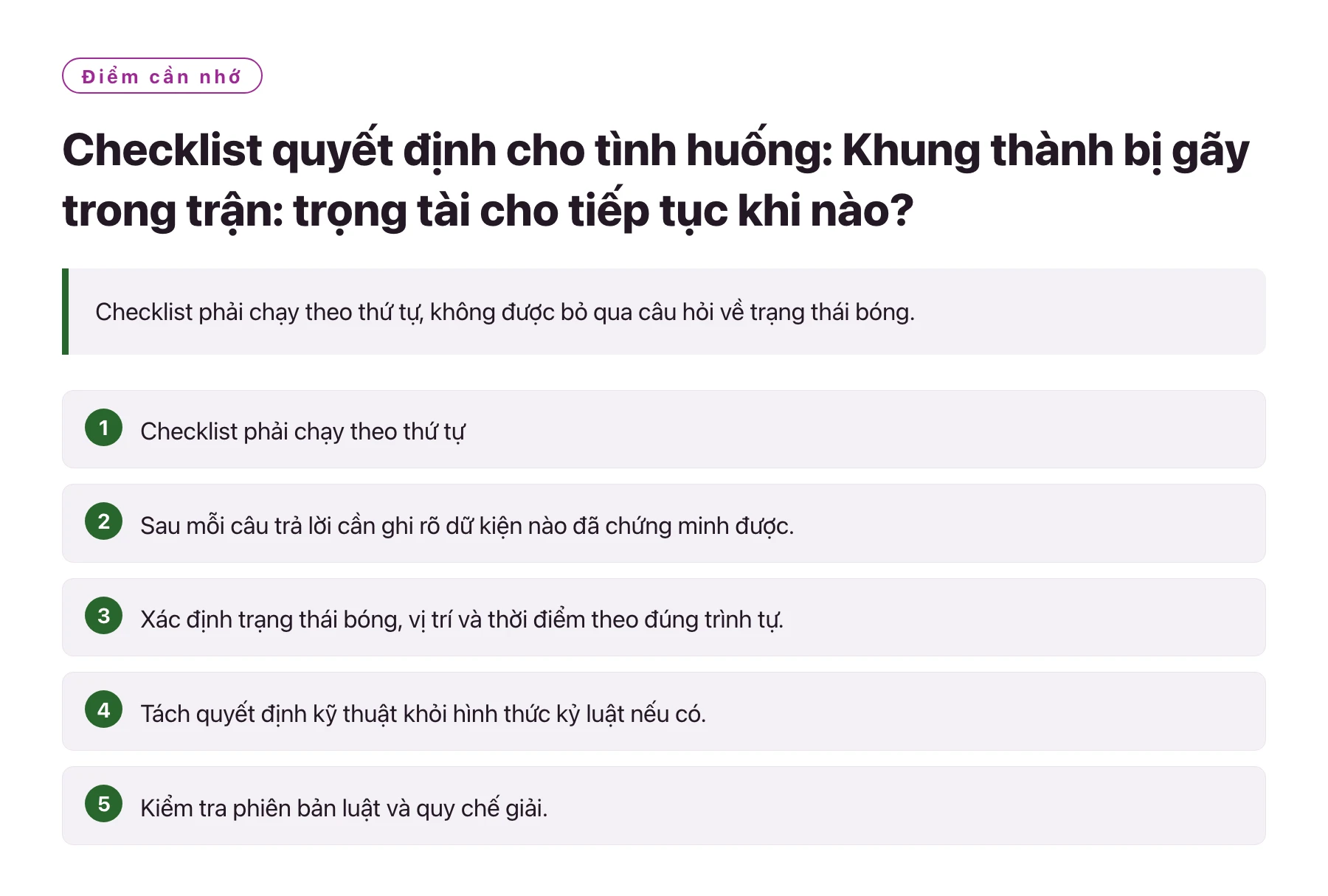 Checklist quyết định cho tình huống: Khung thành bị gãy trong trận: trọng tài cho tiếp tục khi nào?——全文要点速览